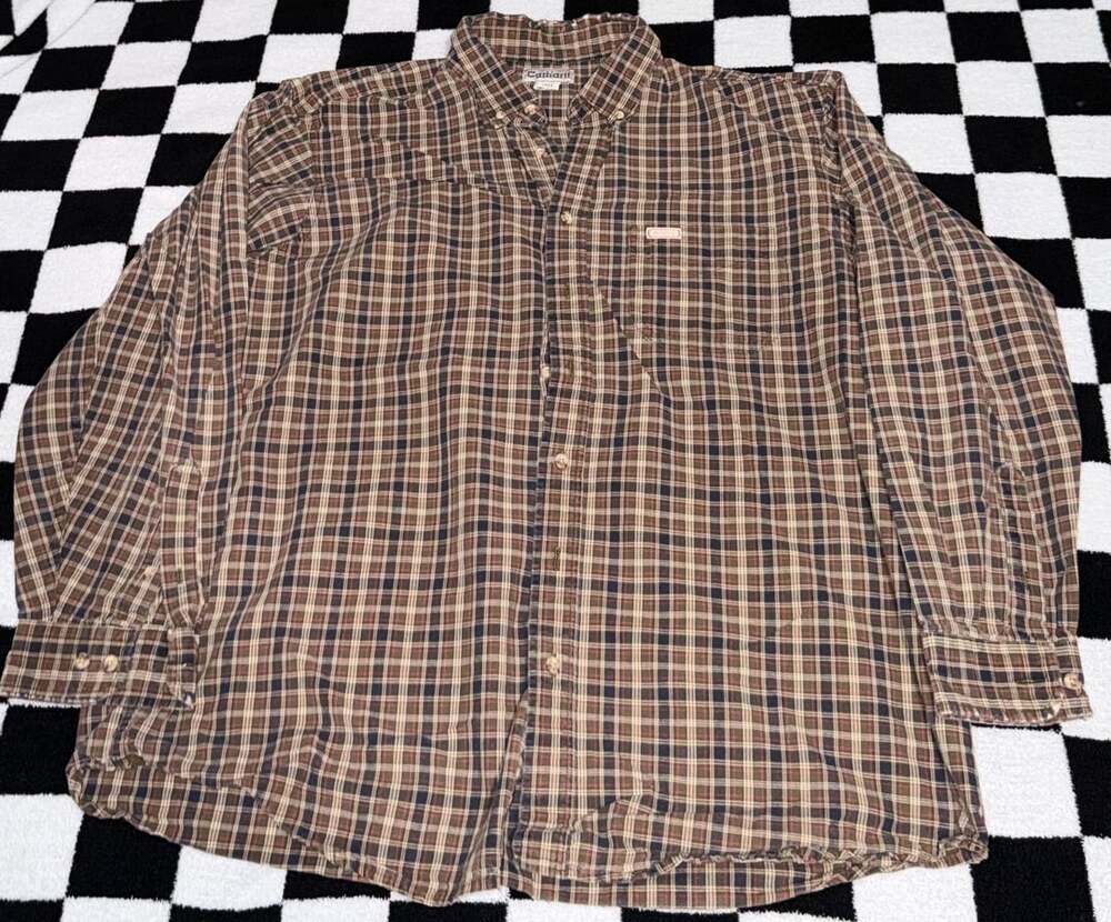 Carhartt Brown Plaid Button Up Long Sleeve Shirt Men's XL Tall